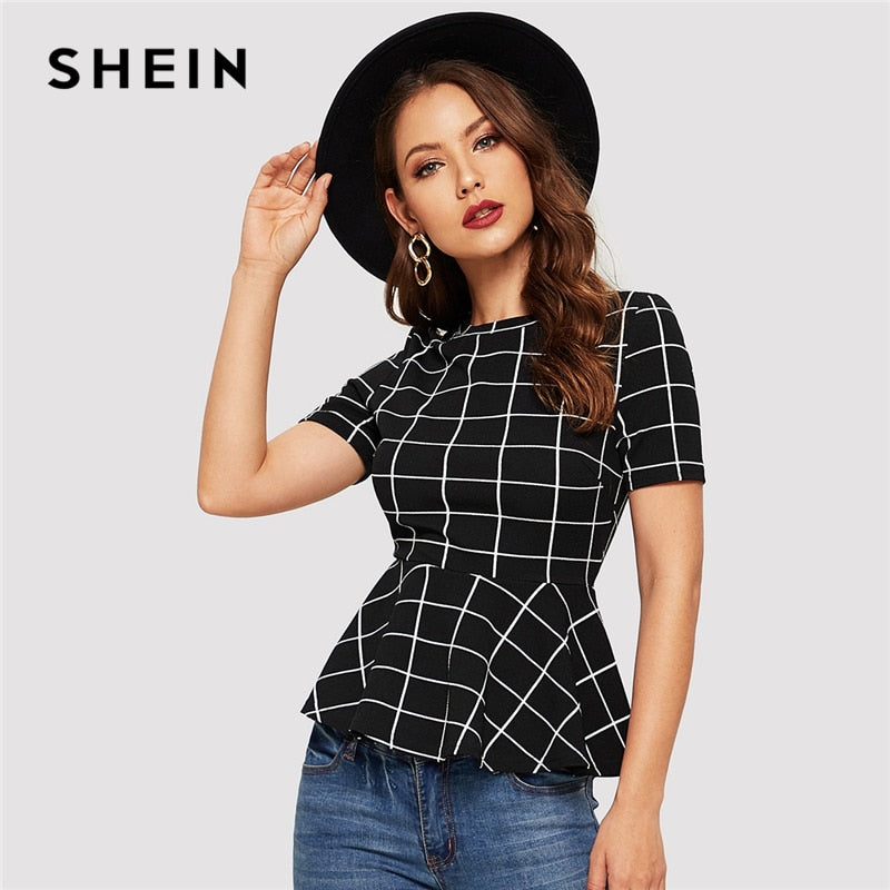 SHEIN Grid Print Peplum Hem Slim Fitted Blouse Women Summer Short Sleeve Workwear Office Lady Elegant Plaid Top Blouses