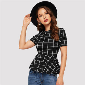 SHEIN Grid Print Peplum Hem Slim Fitted Blouse Women Summer Short Sleeve Workwear Office Lady Elegant Plaid Top Blouses