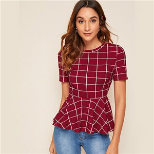 SHEIN Grid Print Peplum Hem Slim Fitted Blouse Women Summer Short Sleeve Workwear Office Lady Elegant Plaid Top Blouses