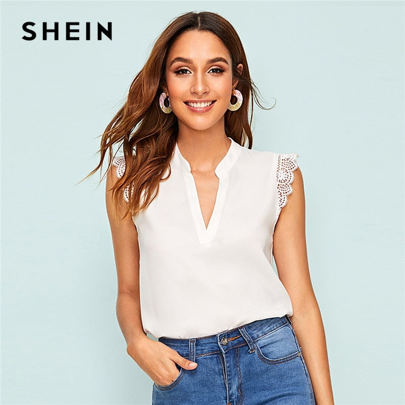 SHEIN V-Placket Lace Trim Shell Top 2019 Elegant V neck Stand Collar Summer Sleeveless Womens Tops and Blouses