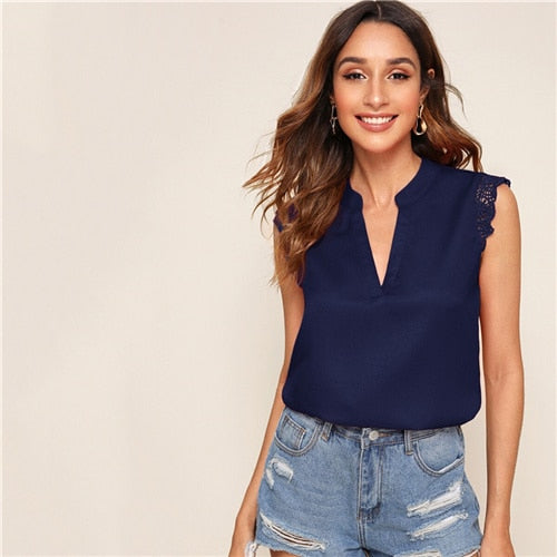 SHEIN V-Placket Lace Trim Shell Top 2019 Elegant V neck Stand Collar Summer Sleeveless Womens Tops and Blouses