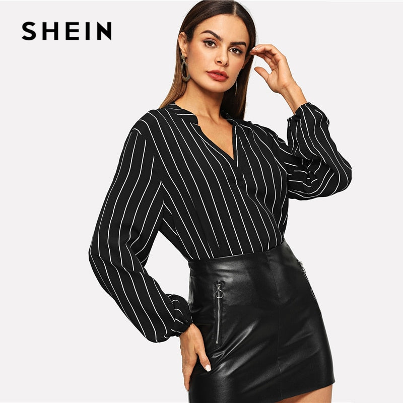 SHEIN Office Ladies V-Cut Neck Striped Long Sleeve Blouse Shirts Autumn Workwear Casual Bishop Sleeve Women Tops And Blouses