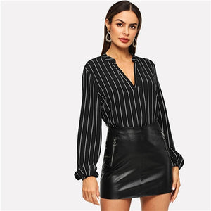 SHEIN Office Ladies V-Cut Neck Striped Long Sleeve Blouse Shirts Autumn Workwear Casual Bishop Sleeve Women Tops And Blouses