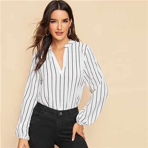 SHEIN Office Ladies V-Cut Neck Striped Long Sleeve Blouse Shirts Autumn Workwear Casual Bishop Sleeve Women Tops And Blouses