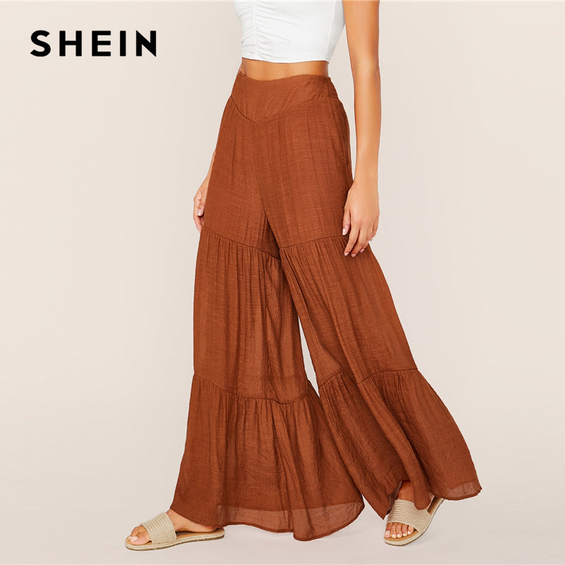 SHEIN Brown High Waist Layered Ruffle Hem Super Palazzo Pants 2019 Autumn Boho Elastic Waist Ladies Shirred Wide Leg Trousers