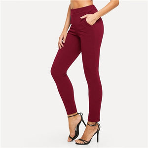 SHEIN Elastic Waist Mid Waist Skinny Trousers Autumn Office Lady Elegant Slim Fit Vertical Women Pencil Pants