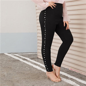 SHEIN Plus Size Pearl Embellished Black Skinny Pants Women Autumn Spring Solid Elegant Long Fitted Trousers Pencil Pants