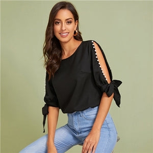 SHEIN Solid Pearls Beading Side Knot Cuff Elegant Blouse Women Tops 2019 Autumn Half Sleeve Basic Blouses For Young Ladies