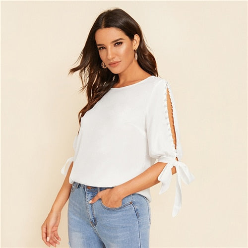 SHEIN Solid Pearls Beading Side Knot Cuff Elegant Blouse Women Tops 2019 Autumn Half Sleeve Basic Blouses For Young Ladies