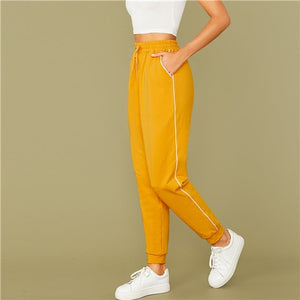 SHEIN Bright Yellow Drawstring Waist Contrast Piping Carrot Pants Women Autumn Active Wear High Waist Stretchy Casual Trousers