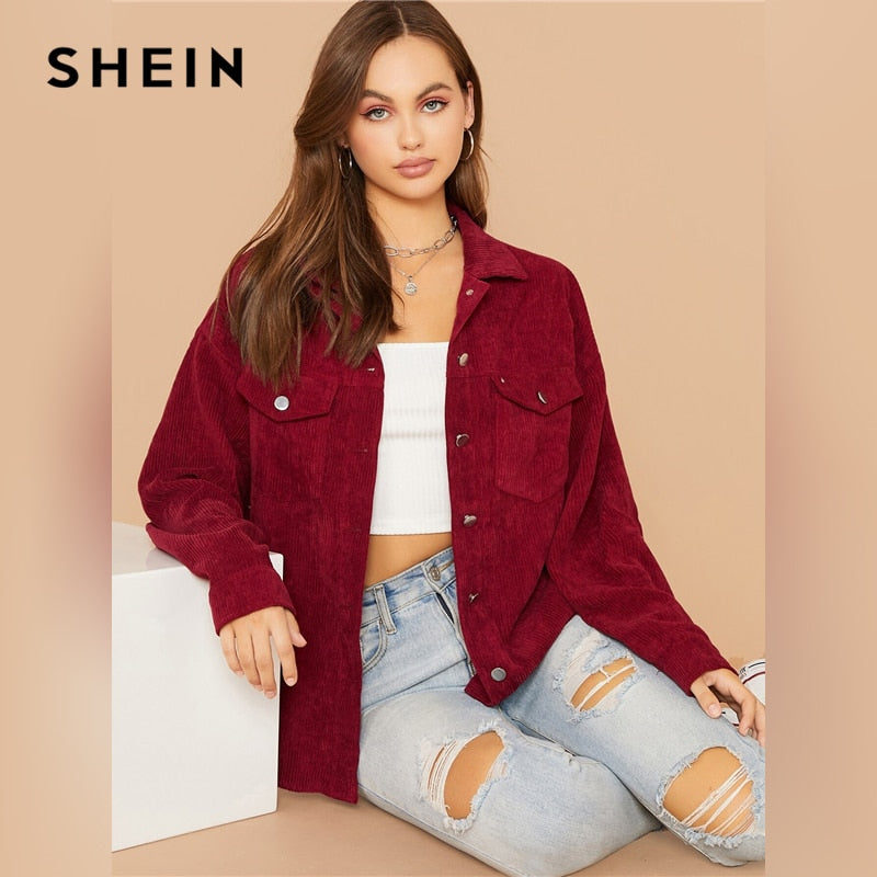 SHEIN Flap Pocket Front Cord Casual Jacket Coat Women Autumn