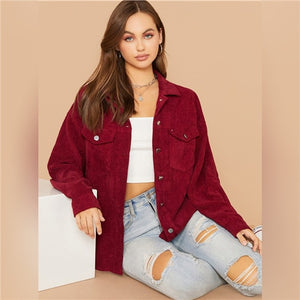 SHEIN Flap Pocket Front Cord Casual Jacket Coat Women Autumn