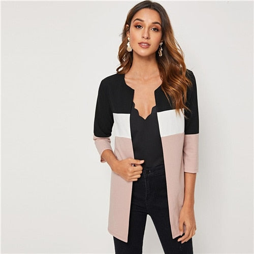 SHEIN Colorblock Round Neck Cut And Sew Open Front Basic Coat Women 2019 Autumn 3/4 Length Sleeve Ladies Casual Outwear Coats