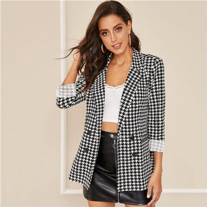 SHEIN Black and White Notch Collar Double Breasted Houndstooth Blazer