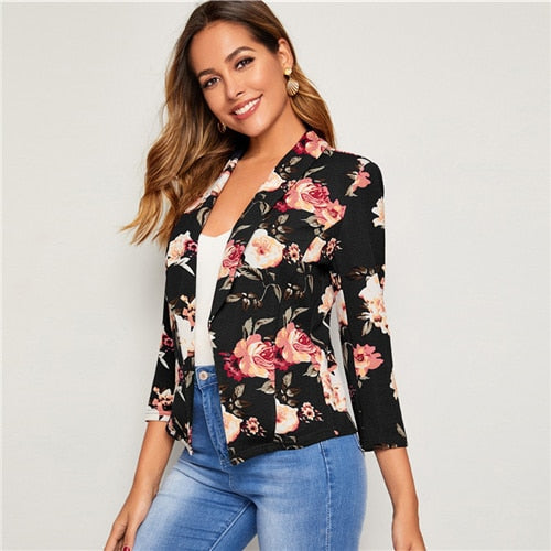 SHEIN Floral Print Shawl Collar Slim Fitted Blazer Women Spring Autumn Office Ladies Long Sleeve Elegant Coat Outwear Blazers