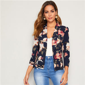 SHEIN Floral Print Shawl Collar Slim Fitted Blazer Women Spring Autumn Office Ladies Long Sleeve Elegant Coat Outwear Blazers