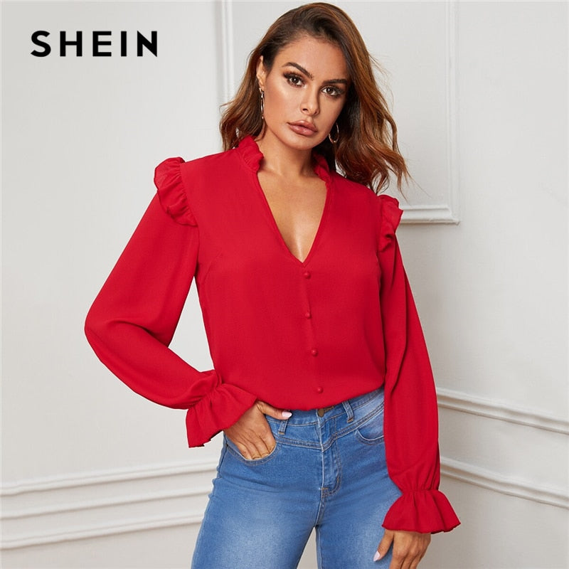 SHEIN Red Ruffle Trim Buttoned Front V Neck Blouse Top Women Spring