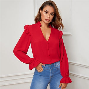 SHEIN Red Ruffle Trim Buttoned Front V Neck Blouse Top Women Spring