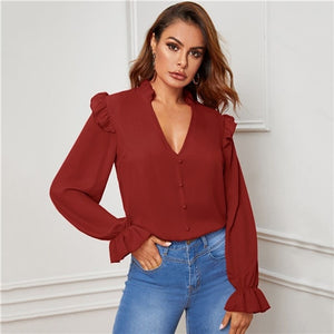 SHEIN Red Ruffle Trim Buttoned Front V Neck Blouse Top Women Spring