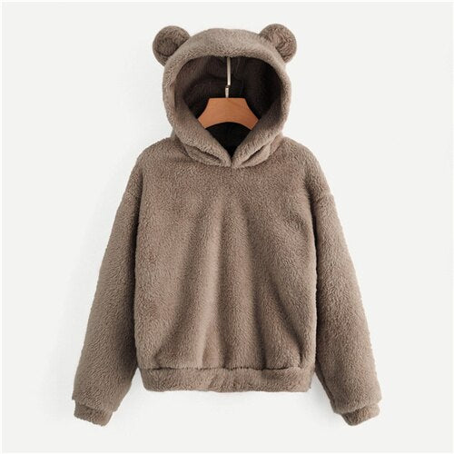 SHEIN Preppy Lovely With Bears Ears Solid Teddy Hoodie Pullovers Sweatshirt Autumn Women Campus Casual Sweatshirts