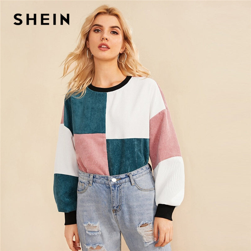 SHEIN Contrast Neck and Cuff Colorblock Sweatshirt Women Pullover 2019 Autumn Cut And Sew Winter Casual Corduroy Sweatshirts