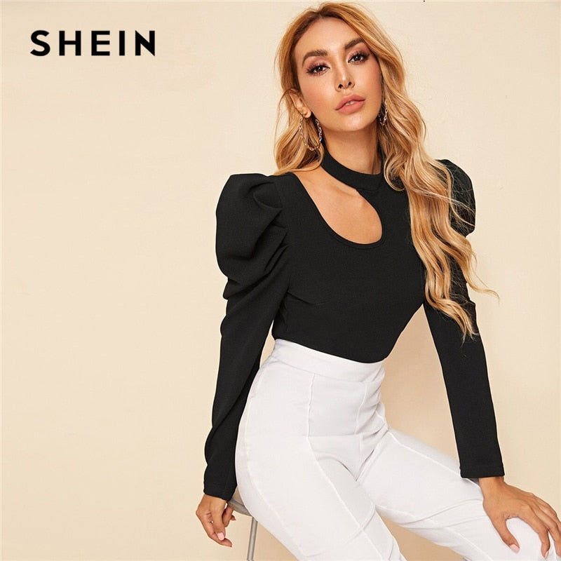 SHEIN Black Solid Stand Collar Cut Out Elegant Blouse Women Top 2019 Autumn Leg-Of-Mutton Sleeve Button Back Form Fitted Blouses