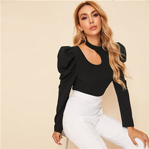 SHEIN Black Solid Stand Collar Cut Out Elegant Blouse Women Top 2019 Autumn Leg-Of-Mutton Sleeve Button Back Form Fitted Blouses