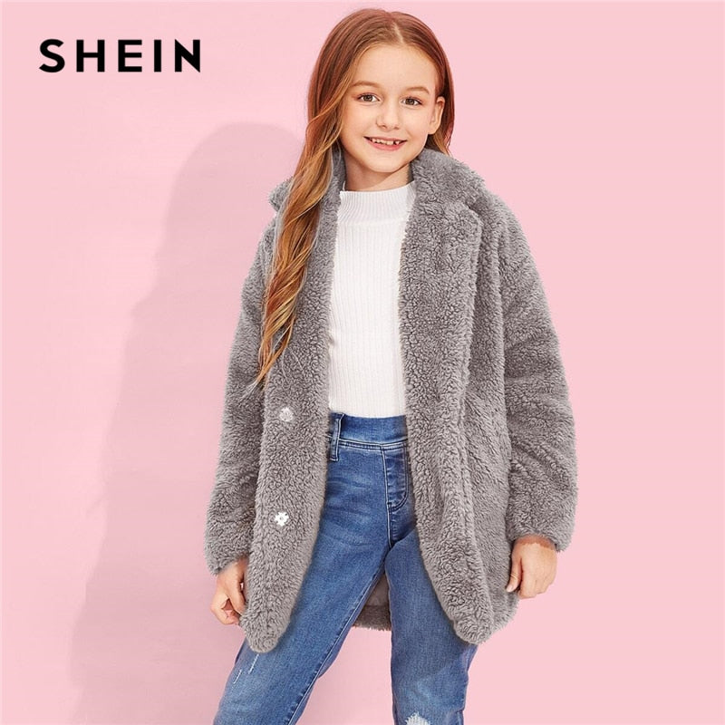 SHEIN Kiddie Notched Collar Girls Hidden Placket Teddy Coat Kids Clothes