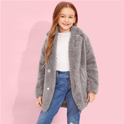 SHEIN Kiddie Notched Collar Girls Hidden Placket Teddy Coat Kids Clothes