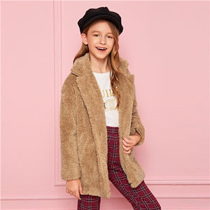 SHEIN Kiddie Notched Collar Girls Hidden Placket Teddy Coat Kids Clothes