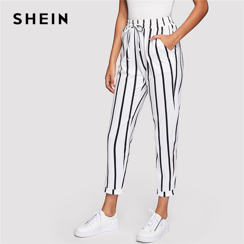 SHEIN Black and White Casual Drawstring Waist Striped High Waist