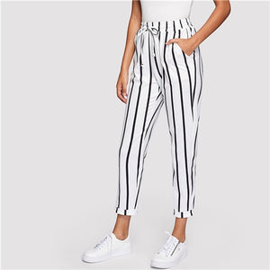 SHEIN Black and White Casual Drawstring Waist Striped High Waist