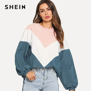 SHEIN Multicolor Cut and Sew Chevron Sweatshirt Preppy Round