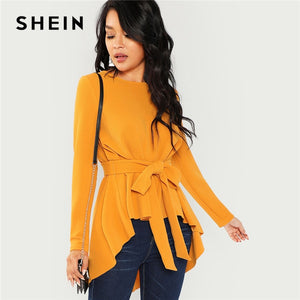 SHEIN Ginger Self Belted Asymmetrical Hem Top Casual Long Sleeve Round Neck Blouses Women Autumn Elegant Office Ladies Blouse