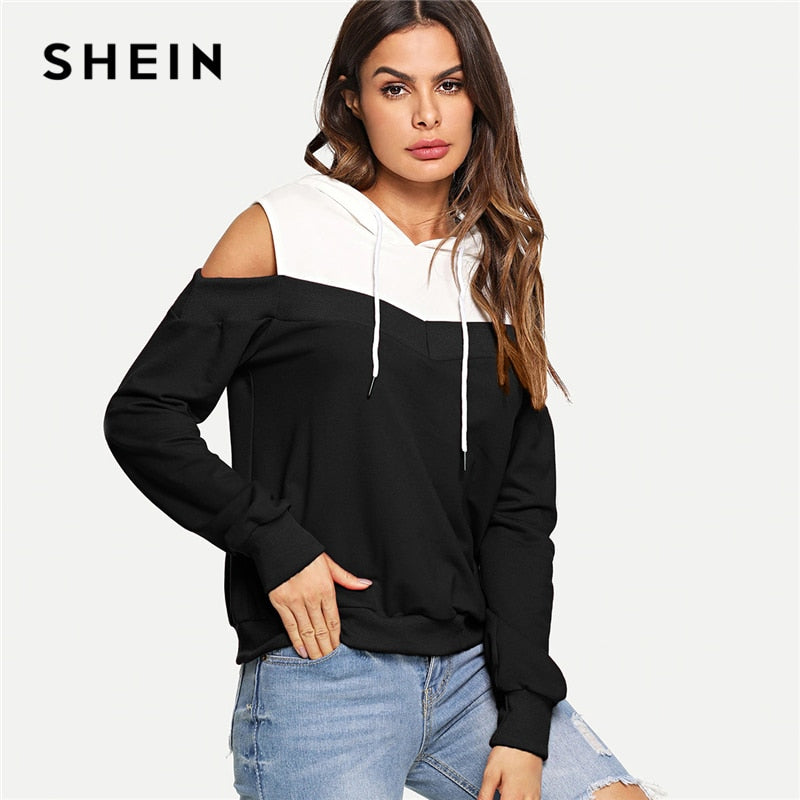 SHEIN Black And White Casual Preppy Cold Shoulder Drawstring Hoodie Sweatshirt 2018 Autumn Fashion Campus Women Sweatshirts