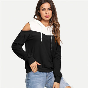 SHEIN Black And White Casual Preppy Cold Shoulder Drawstring Hoodie Sweatshirt 2018 Autumn Fashion Campus Women Sweatshirts