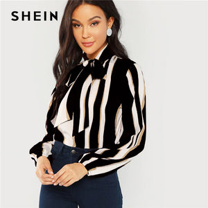 SHEIN Multicolor Office Lady Tie Neck Striped Pullovers Workwear