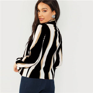 SHEIN Multicolor Office Lady Tie Neck Striped Pullovers Workwear