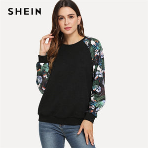 SHEIN Black Casual Tropical Print Raglan Sleeve Textured Round Neck