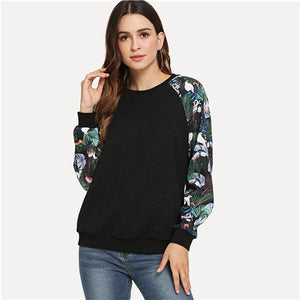 SHEIN Black Casual Tropical Print Raglan Sleeve Textured Round Neck