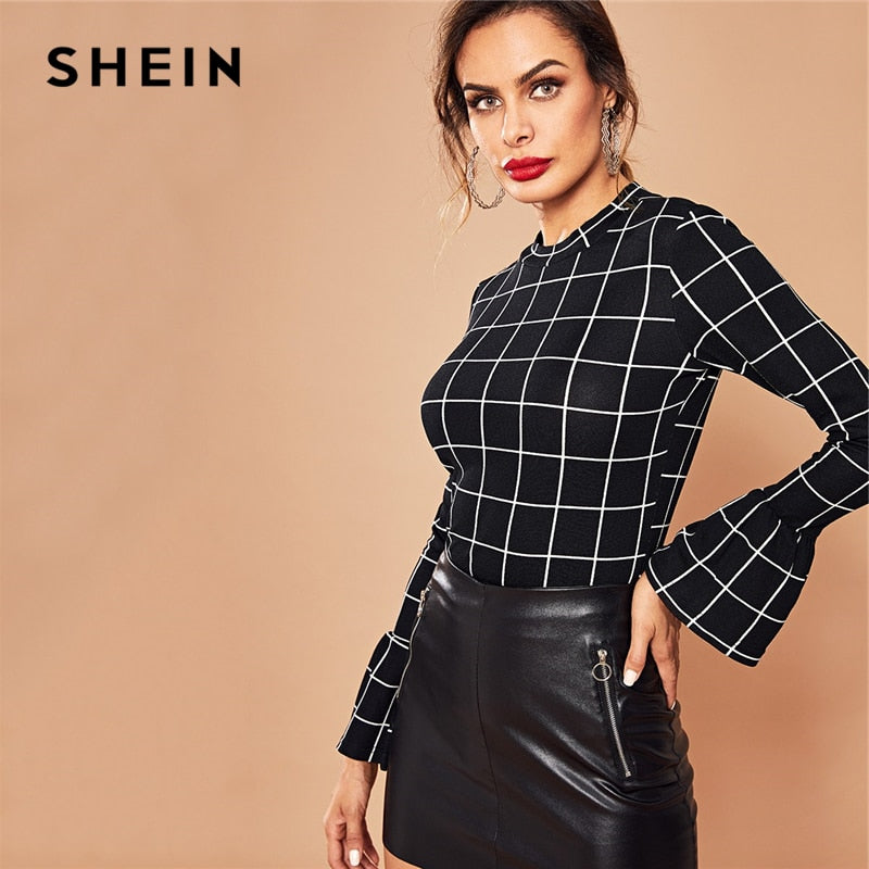 SHEIN Black Elegant Workwear Plaid Ruffle Cuff Bell Sleeve Stand Collar Grid Blouse Autumn Office Lady Women Tops And Blouses