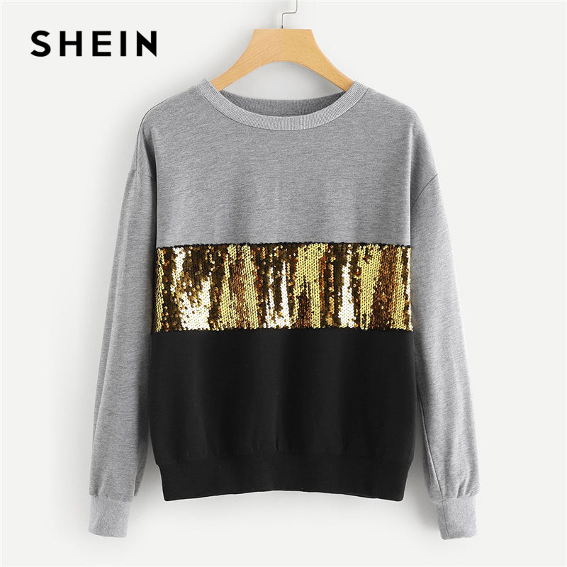 SHEIN Multicolor Contrast Cut and Sew Sequin Sweatshirt Casual