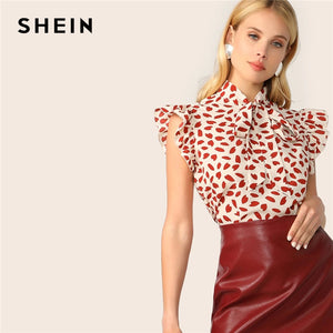 SHEIN Elegant Red Bow Tie Neck Ruffle Trim Petal Print Top Blous