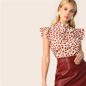 SHEIN Elegant Red Bow Tie Neck Ruffle Trim Petal Print Top Blous