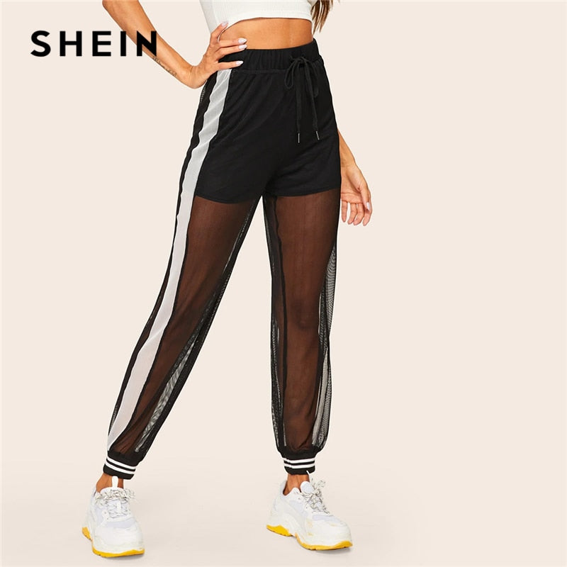 SHEIN Casual Black Drawstring Waist Mesh Overlay Striped Sheer Sweatpants