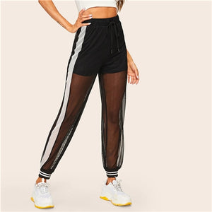 SHEIN Casual Black Drawstring Waist Mesh Overlay Striped Sheer Sweatpants