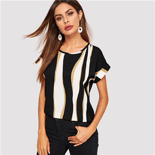 SHEIN Cuffed Sleeve Color Block Top 2019 Elegant Round Neck Roll Up