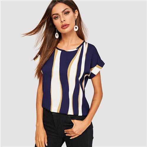 SHEIN Cuffed Sleeve Color Block Top 2019 Elegant Round Neck Roll Up