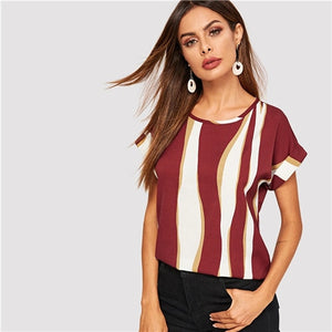 SHEIN Cuffed Sleeve Color Block Top 2019 Elegant Round Neck Roll Up