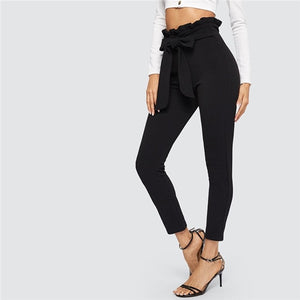 SHEIN Elegant Paperbag Waist Belted Detail Solid High Waist Pants Women Skinny Frill Trim Elastic Waist Spring Summer Pants